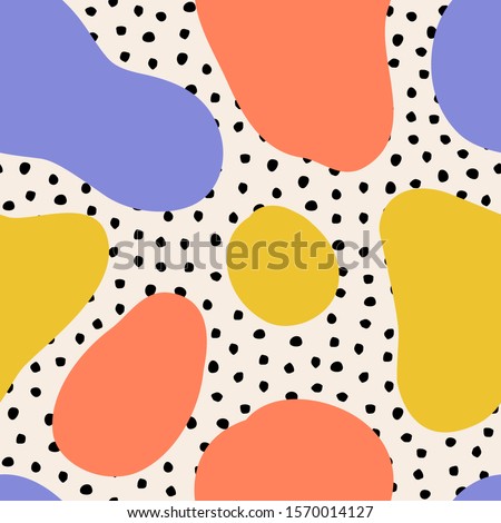 Vector seamless pattern with polka dot elements and fluid shapes. Trendy geometric background.