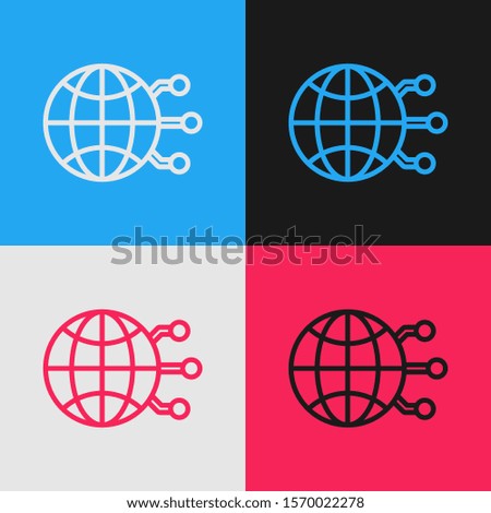 Color line Global technology or social network icon isolated on color background. Vintage style drawing. Vector Illustration