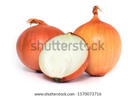 Fresh onion bulbs isolated on white background. Royalty-Free Stock Photo #1570073716
