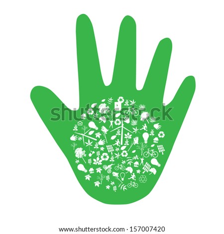 Vector ecology concept - hand design element made from icons and signs