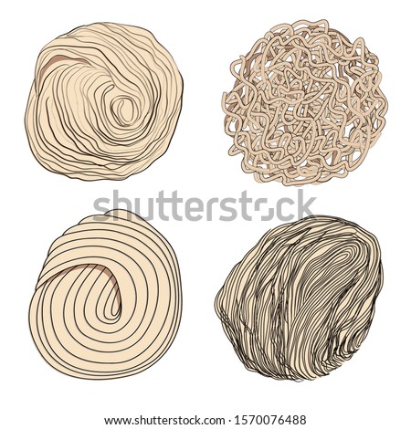 Japanese ramen noodles vector set of four types - round, flat, wavy, rectangular, thin, medium and thick. Stock illustration isolated on white background, sketch in the doodle style of hand drawing. Royalty-Free Stock Photo #1570076488