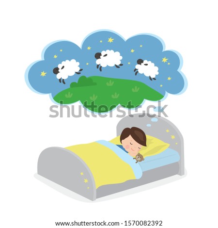 Little boy lies in bed. Cute child counts sheep to fall asleep. Cartoon male kid character and dream cloud isolated on white background. Flat vector illustration