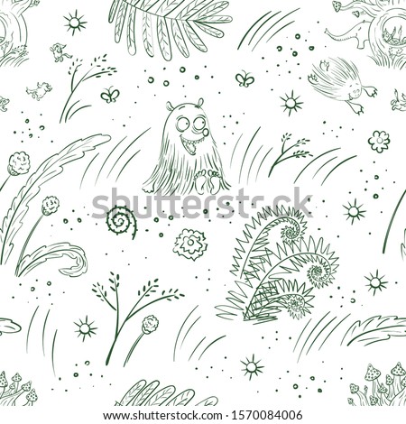 Vector seamless pattern with cute funny fantasy cartoon creatures and plants. Green and white seamless background.