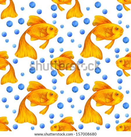 Watercolor seamless pattern with fishes and the bubbles