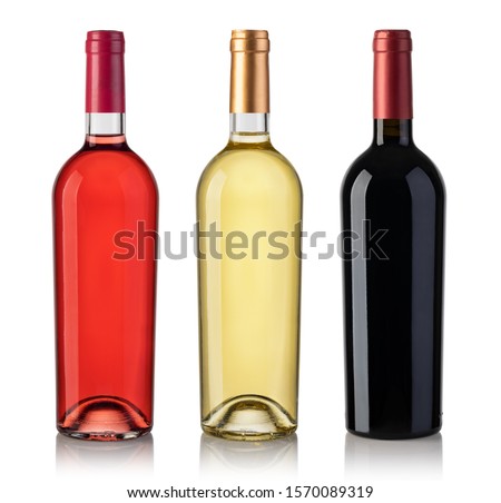 Set Of White, Rose, And Red Wine Bottles. Isolated On White Background