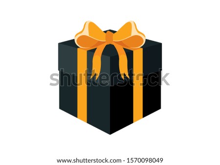 Black gift box with yellow ribbon icon illustration. Christmas gift box icon. Dark gift box with yellow ribbon isolated on a white background. Black birthday box icon. Black gift package illustration