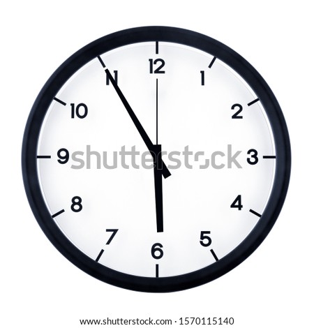 Classic analog clock pointing at five fifty five, isolated on white background.