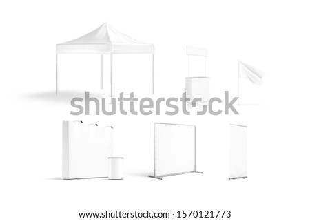 Blank white promotion trade stand mockup set isolated, 3d rendering. Empty booth and tent for company exposition mock up. Clear promo counter, flag and roll-up for logotype mokcup template.
