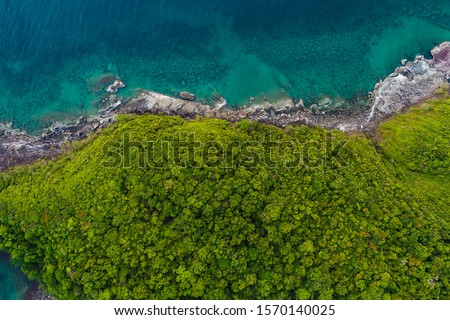 Tropical rainforest sea beach with mountain of palm tree aerial view