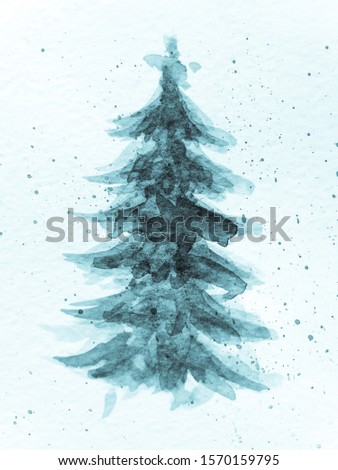 Watercolor Blue December Trees. Art Snow on Light Base. New Year Tree Art. Hand Drawn Card Landscape. Christmas Hill Illustration.