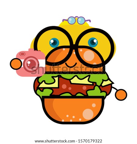 Burger Character Cute Cartoon With Camera Vector Template Design Illustration
