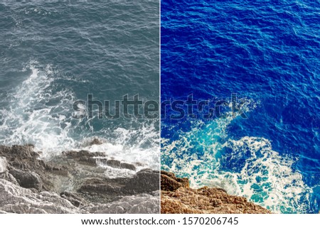 Photo before and after the image editing process. Coastline sea rocks with clear blue water