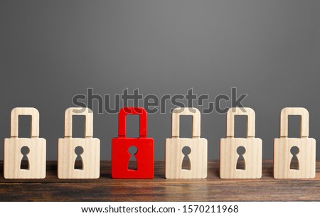 A red padlock stands out from others. Protecting information and avoiding unauthorized access and data leakage. Hacking attack. Safety of personal data, privacy of users. NSFW. Virus, antivirus Royalty-Free Stock Photo #1570211968