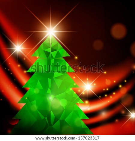 Green Christmas Tree Over Bright Red Background 