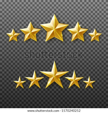 5 Gold stars rating set isolated on transparent background. Vector realistic five golden stars
