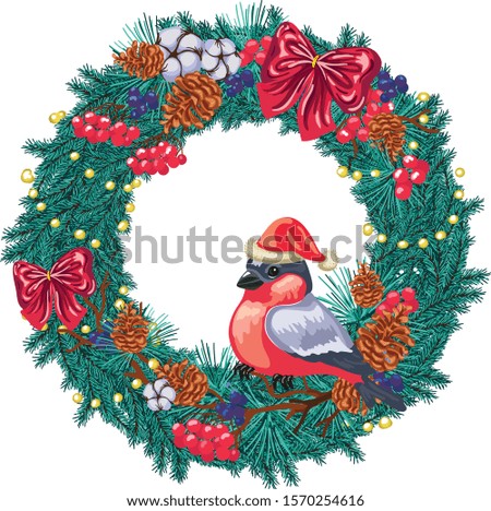 Vector Christmas wreath made of fir branches with a bullfinch, red bows, cones, beads, cotton. Great decoration for postcards, flyers and any other Christmas design. All items can be used separately.