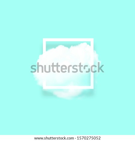 Soft sky cloud in photo frame illustration. Square white border with fluffy cotton candy isolated on blush green color background. Creative artistic composition, minimalistic stylish design element