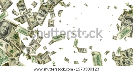 Money stack. Hundred dollars of America. Falling money isolated, us bill.
