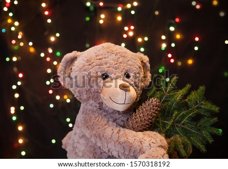 Beautiful Christmas background with a funny bear holding a cone and fir twigs. Concept, holiday symbol, Christmas, New year, toy