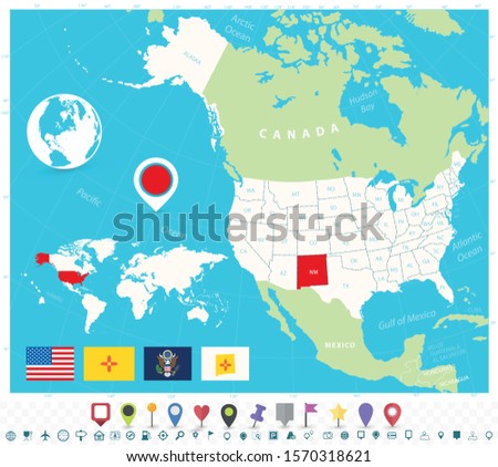 Location of New Mexico on USA map with flags and map icons. Detailed vector illustration.
