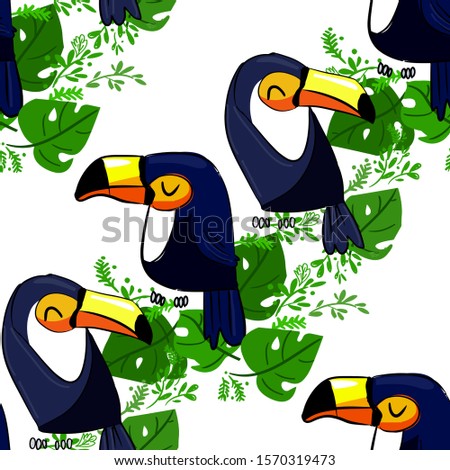 Toucan print, exotic bird pattern seamless, tropical bird vector.  Textile print.