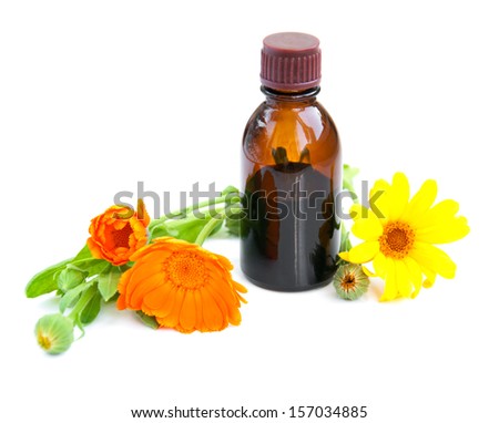 Flowers and calendula tincture  on a white background