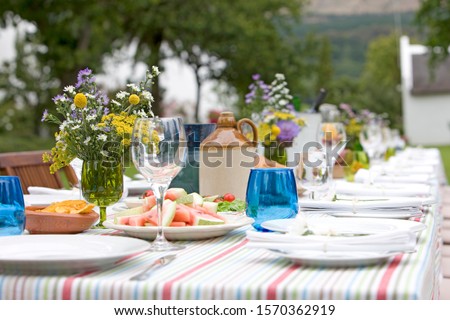 A table set for a summer garden party, close-up Royalty-Free Stock Photo #1570362919