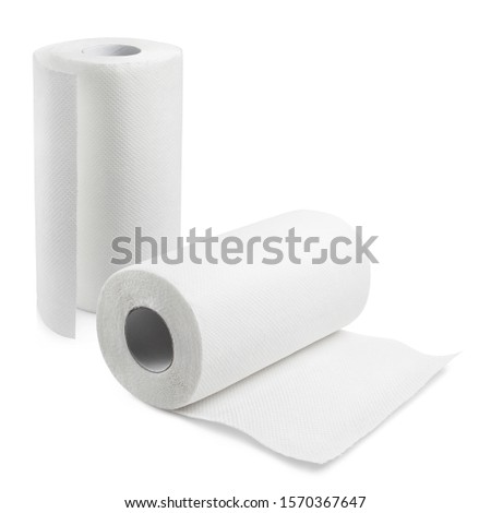 White paper towel rolls, isolated on white background Royalty-Free Stock Photo #1570367647