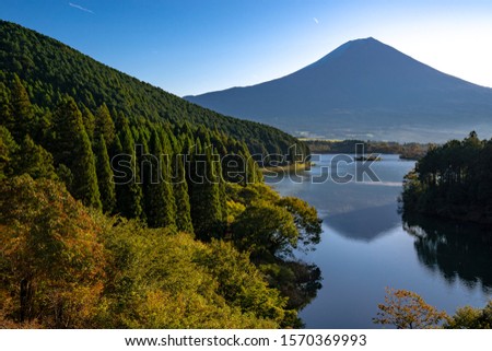 Mt. Fuji at Tanuki lake with Pine tree in the morning, Fujinomiya, Shizuoka, Japan