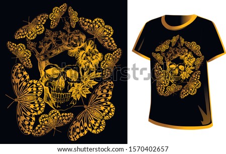 Golden skull, flowers and butterflies on a black background.
Typographic graphic print, fashionable pattern for fabric, t-shirts, packaging, wallpaper.