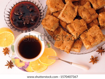 morning tea with lemon, jam and cake