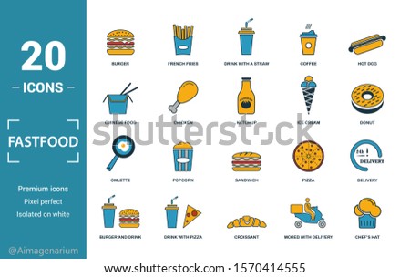 Fastfood icon set. Include creative elements burger, drink with a straw, donuts, chicken leg, delivery icons. Can be used for report, presentation, diagram, web design.