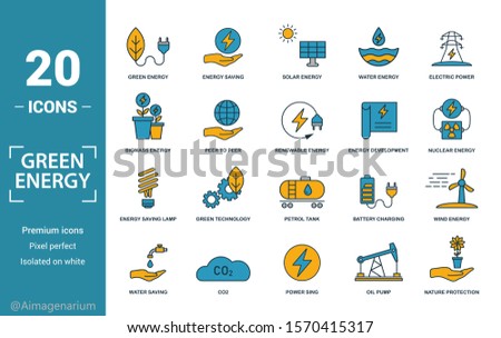 Power And Energy icon set. Include creative elements green energy, solar energy, biomass, energy development, saving icons. Can be used for report, presentation, diagram, web design.