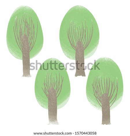 Trees with green crowns elements set in pastel colors white isolated