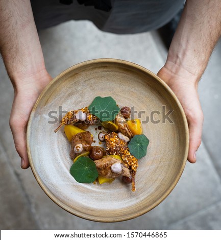 An overhead shot of a fine dining dish of quail, beetroot , nasturtiums. Being presented by the chef that cooked it.  Royalty-Free Stock Photo #1570446865