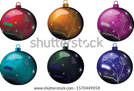 Christmas balls red, orange, blue, violet, green with rinus from flowers, butterflies and stars