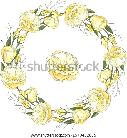 
Round frame with beautiful eustoma flowers. Festive floral circle for your season design. Yellow beautiful flowers.