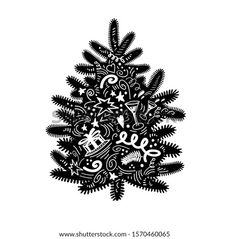 Сute cartoon silhouette of Christmas tree in doodle style isolated on white. Black stylized element for create New Year design, Greeting card, clip art, gift seamless package. Vector illustration