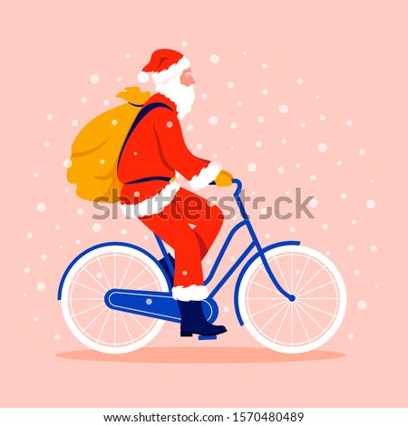 Santa Claus rides a bicycle with a bag of gifts. Christmas. Snowfall. Vector flat illustration