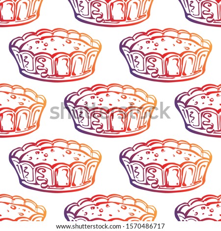 Thanksgiving seamless pattern with hand drawn pumpkin pie on white background. Gradient from orange and deep violet. Suitable for packaging, wrappers, fabric design
