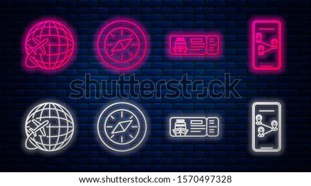 Set line Compass, Cruise ticket for traveling by ship, Globe with flying plane and Infographic of city map navigation. Glowing neon icon on brick wall. Vector