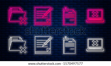 Set line Blank notebook and pencil with eraser, File document and binder clip, Delete folder and Laptop and cross mark on screen. Glowing neon icon on brick wall. Vector