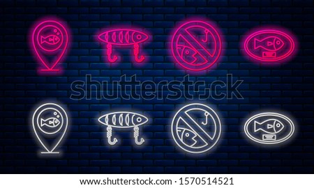 Set line Fishing lure, No fishing, Location fishing and Fish trophy hanging on the board. Glowing neon icon on brick wall. Vector