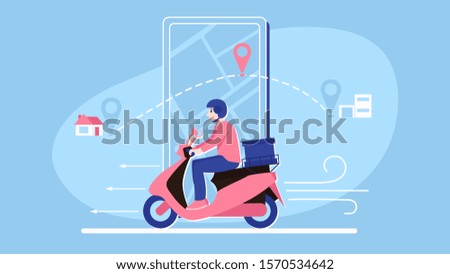 Flat delivery boy on scooter for lifestyle design. Pizza courier. Business express delivery concept. Vector illustration.