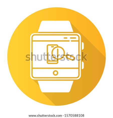 Find phone smartwatch function orange flat design long shadow glyph icon. Showing location of device and locking screen, sound alert. Fitness wristband. Vector silhouette illustration