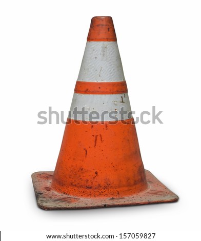real dirty traffic cone isolated on white background