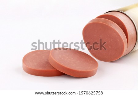 luncheon Lanshon Mortadella meat slice cut knife isolated on white background Royalty-Free Stock Photo #1570625758