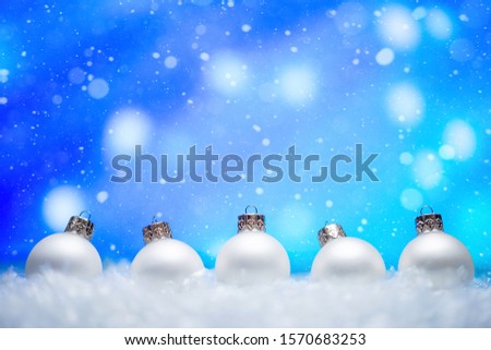 Banner with Christmas white toys and snow backdrop. Christmas discount backdrop. Sale time.