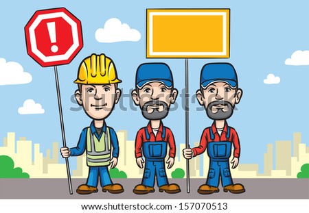 Vector illustration of Three cartoon workers with warning signs. Easy-edit layered vector EPS10 file scalable to any size without quality loss. High resolution raster JPG file is included.