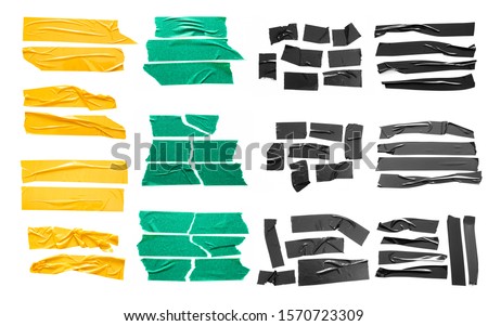 Set of yellow, green, black tapes on white background. Torn horizontal and different size sticky tape, adhesive pieces. Royalty-Free Stock Photo #1570723309